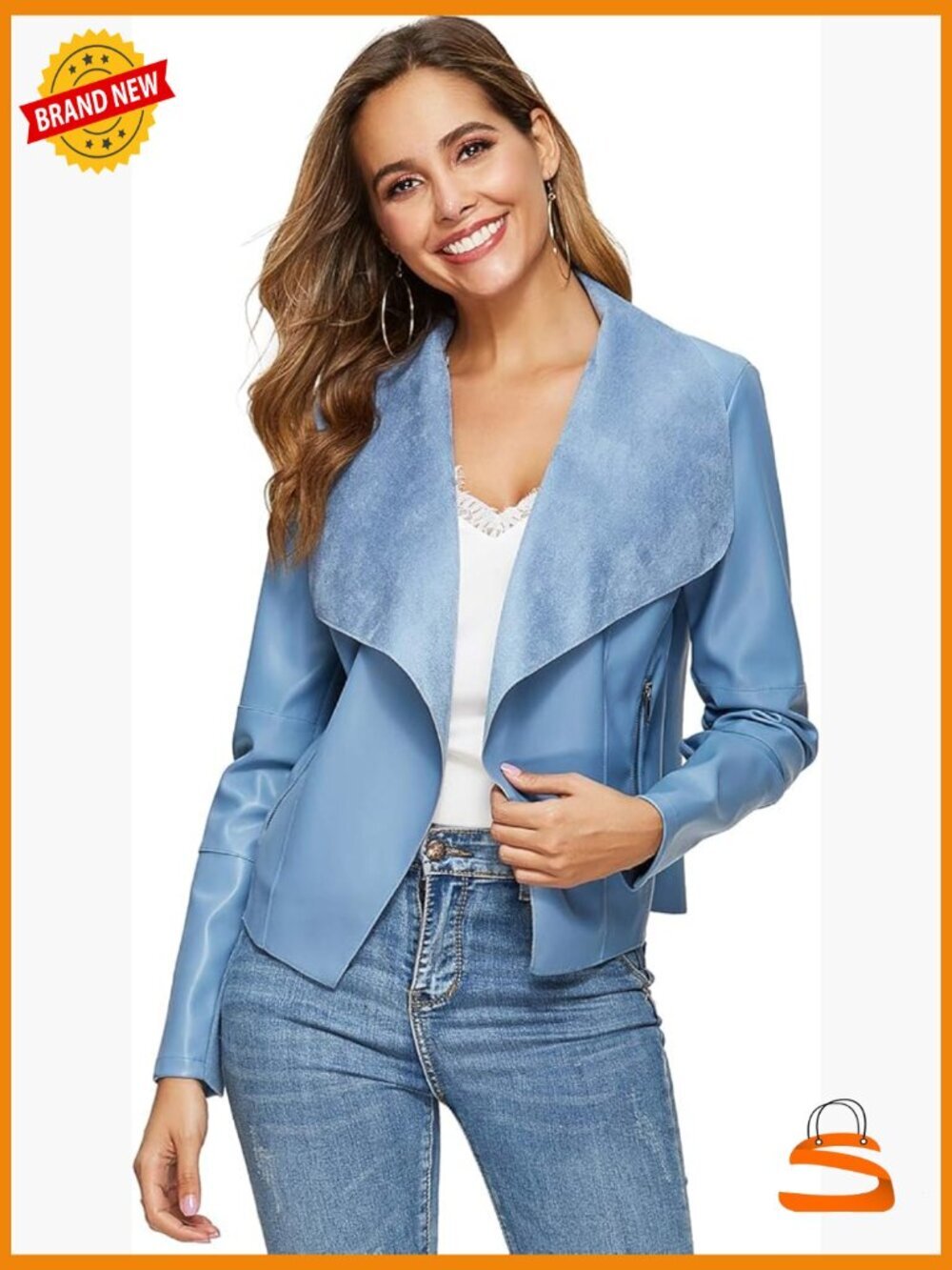 Slim Fit Faux Leather Jacket Open Front Lapel Blazer with Pockets